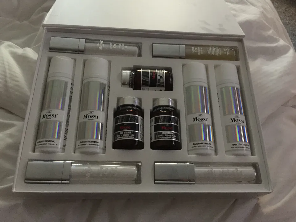 The Mossi London kit after a hair transplant — shampoos, vitamins, oil and serum
